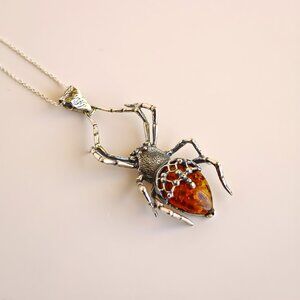 Baltic Amber Spider Necklace in Sterling Silver